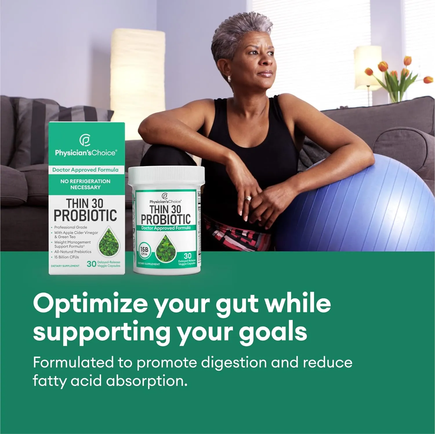 Physician's CHOICE Probiotics: Managing Weight & Bloating with 6 Strains, Prebiotics, Cayenne & Green Tea - Boosts Gut Health - For Women & Men - 30 CT